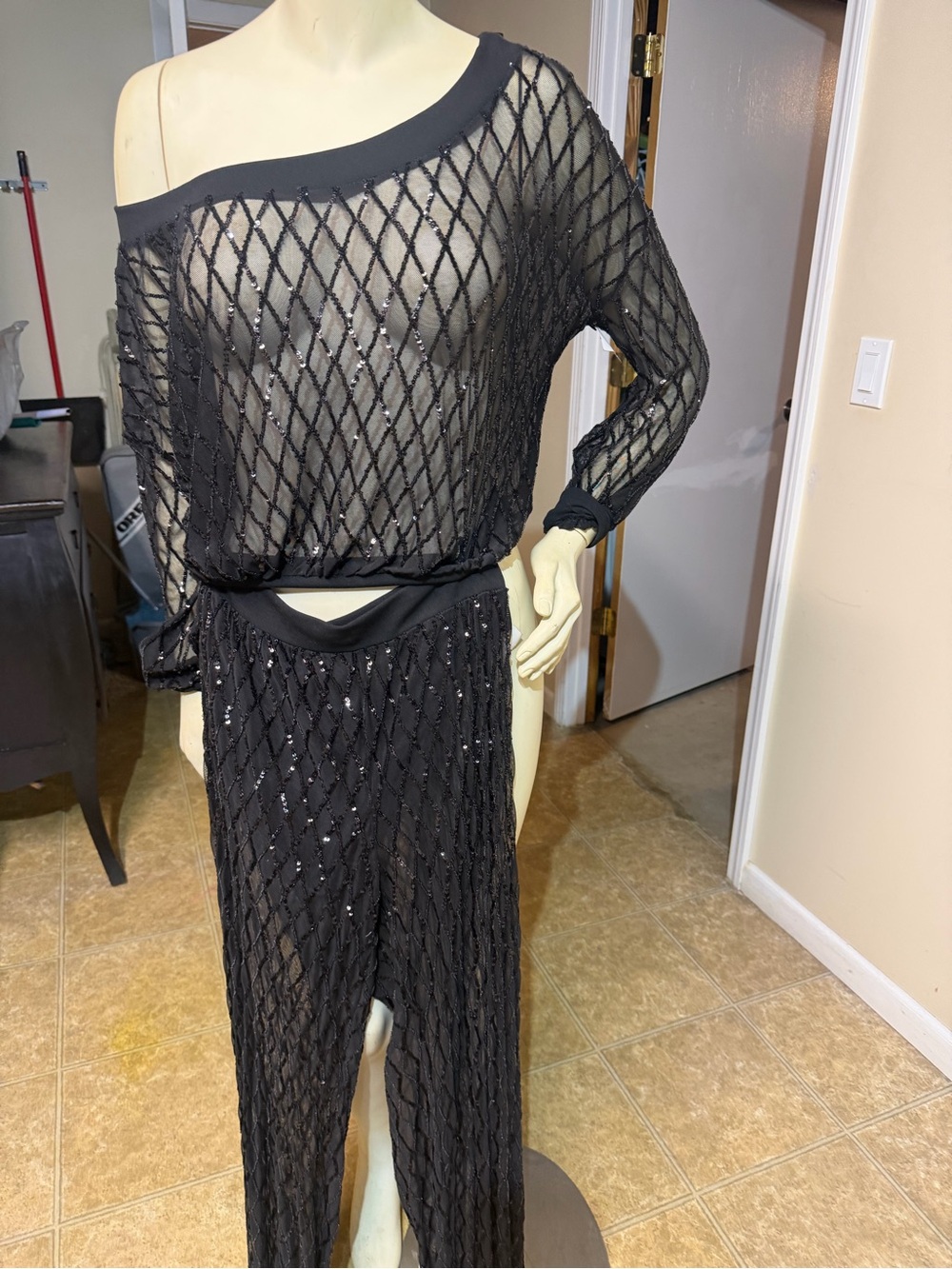 AKIRA Black Sheer Knit Off-Shoulder two piece Set - Picture 2 of 2